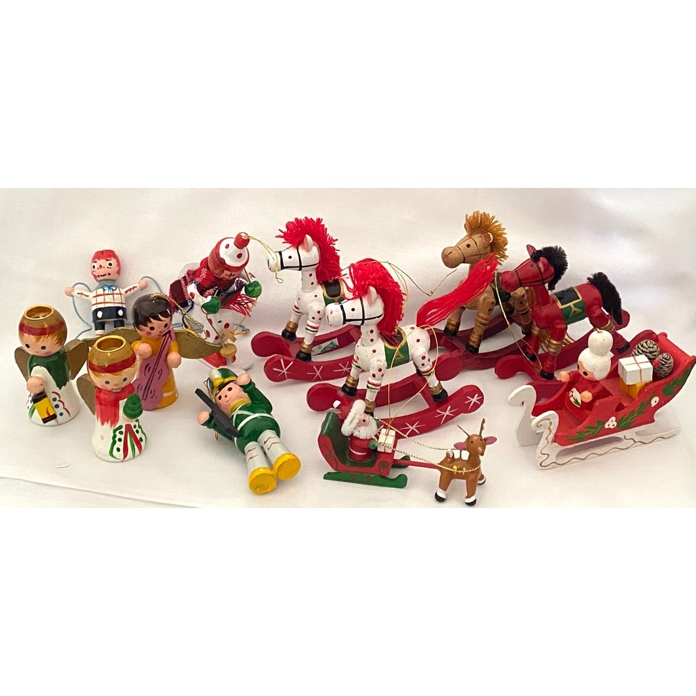 Vintage Painted Wooden Christmas Ornaments ~Rocking Horse Angel Santa Sleigh